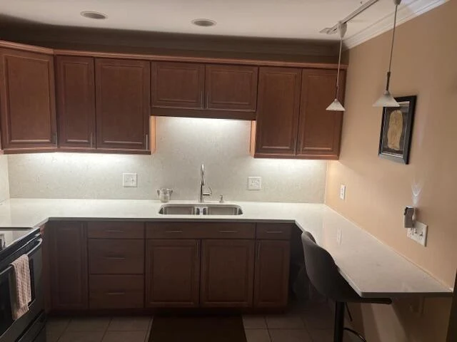 Kitchen with under-cabinet lighting above the counters and sink